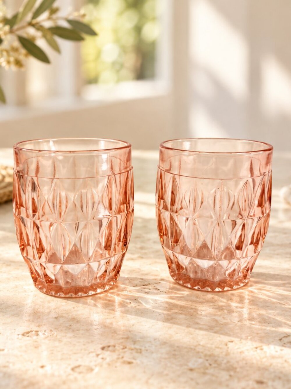 Set of 4 Vintage Pink Pressed Glass Tumblers, Blush Diamond Pattern